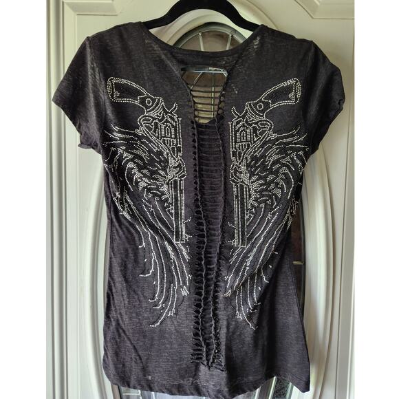 Biker Clothing Company Distressed Tied Shirt Guns Angel Wings Size Medium - Picture 2 of 4